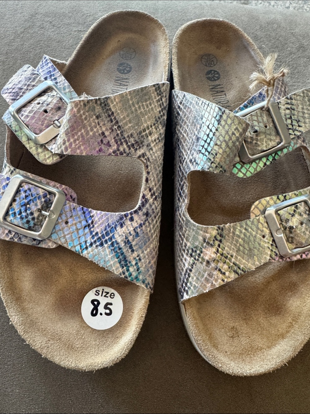 Iridescent Snake-Print Dual-Buckle Sandals - Size 8.5